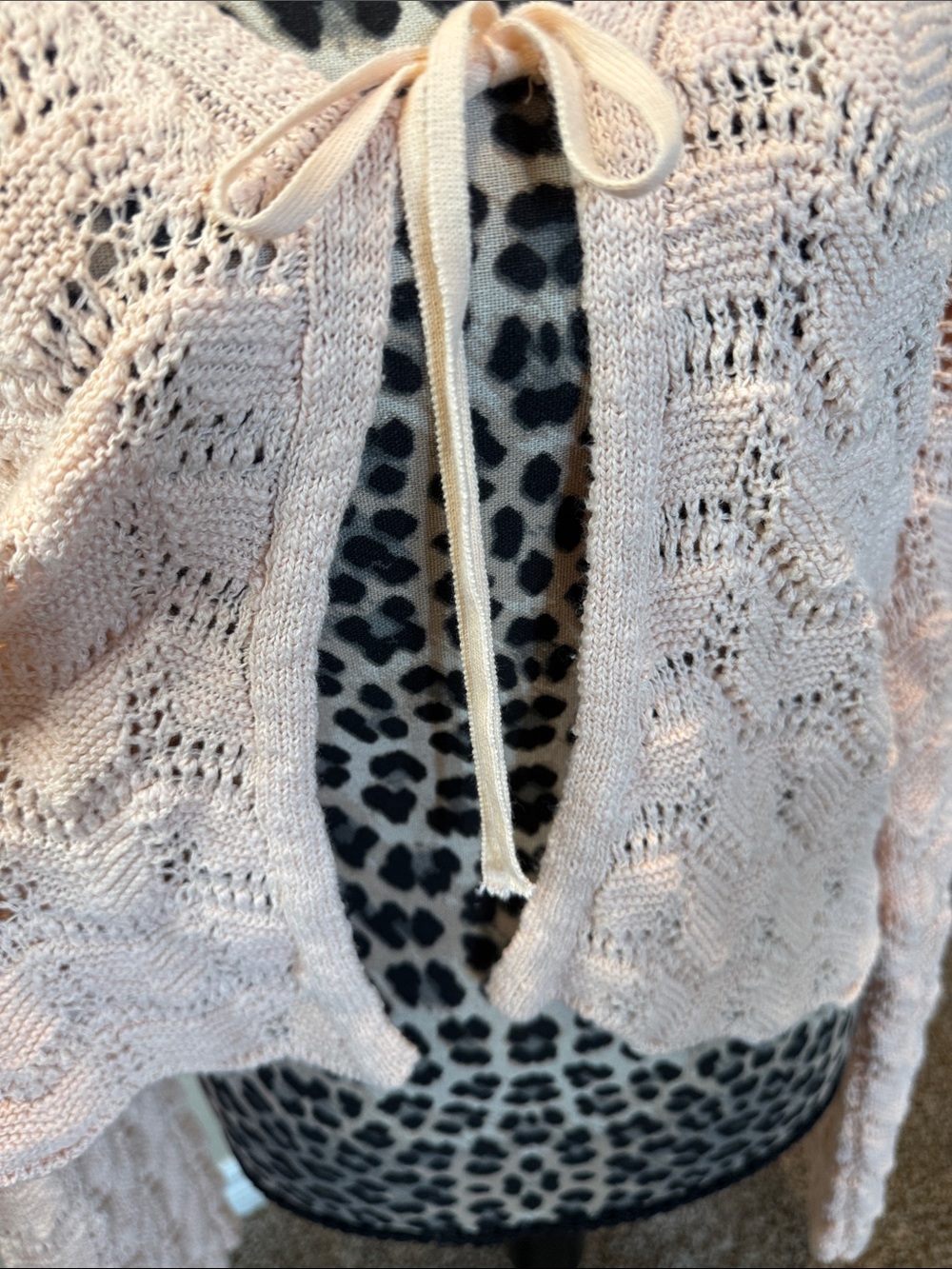 Women’s Open Knit Tie-Front Sweater Cardigan - Light Pink - Picture 3 of 8